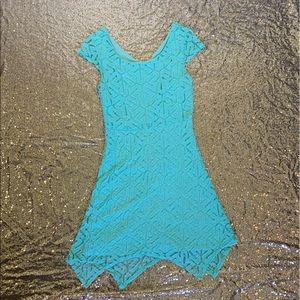 Cap sleeve lace midi dress with asymmetrical hem